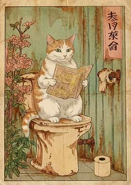 Japanese Cat Reading Newspaper on Toilet