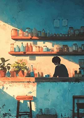 Cafe Interior with Figure and Shelves