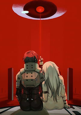 Contemplative Couple in Red Sci-Fi Setting