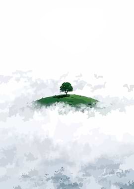 Tree on Hill in Clouds