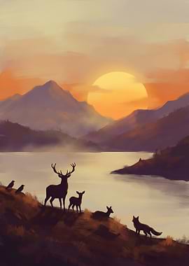 Sunset Wildlife Landscape Painting