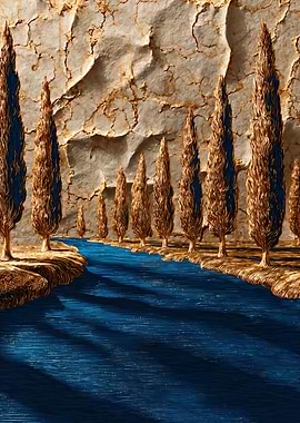 Cypress Trees Along a Blue River