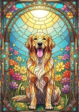 Stained Glass Golden Retriever Portrait
