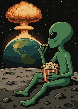 Alien watching Earth explode with popcorn