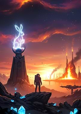 Astronaut, Rabbit Statue, and Burning City