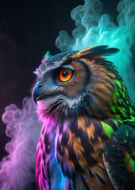 Colorful Owl Portrait with Smoke