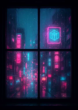 Rainy Cyberpunk City View Through Window
