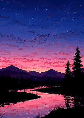 Pink Sunset Landscape with River