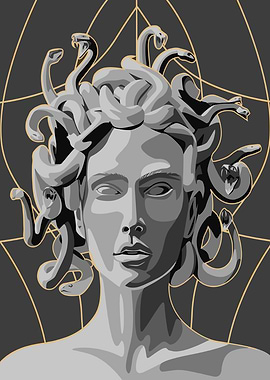 Medusa Portrait with Geometric Background