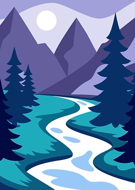 Serene Minimalist Mountain Valley and Flowing River Landscape Metal Wall Print Art