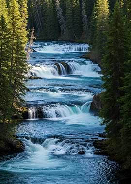 Cascading Waterfall Through Evergreen Forest