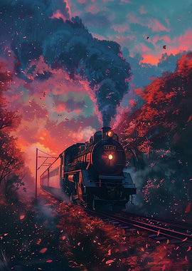 Steam Train in Autumn Landscape