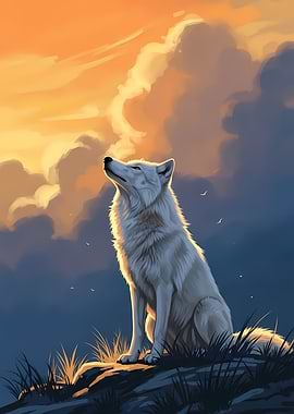 White Wolf Gazing at Sunset Sky