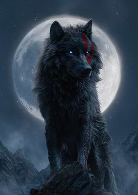 Wolf with Red Markings Under Moonlight