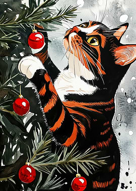 Cat with Christmas Ornaments Watercolor