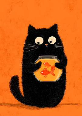 Black Cat Holding Goldfish Bowl