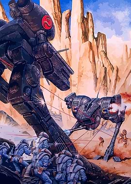 Mech Battle in Desert Landscape