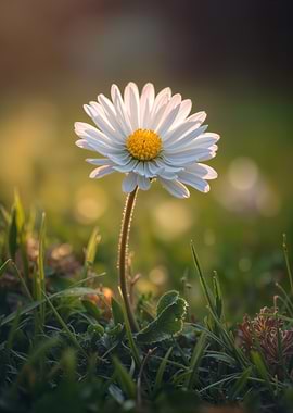 Single Daisy in Grassy Spring Field