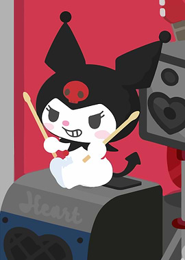Kuromi playing drums on amplifier