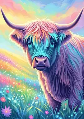 Colorful Highland Cow in Flower Field