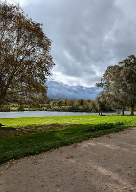 Lake view with trees and clouds