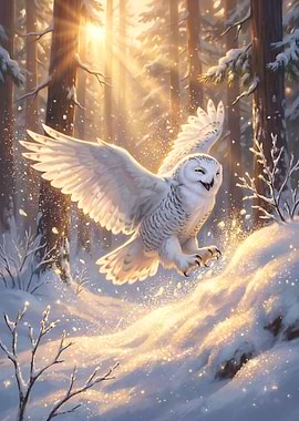 Snowy Owl in Winter Forest