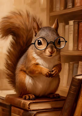 Squirrel with Glasses in Library
