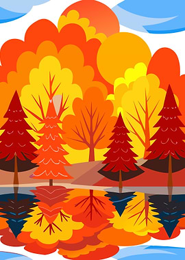 Vibrant Autumn Forest Landscape with Reflection on Calm Lake Metal Wall Print Art