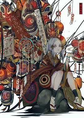 Dreamlike Japanese Art with Masks and Figure