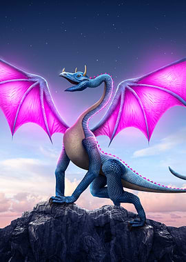 Blue and Pink Dragon on Mountain