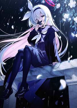 Anime Girl in Rain with Leaf