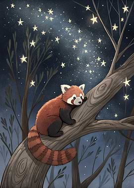 Red Panda Under Starry Night Sky