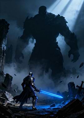 Knight Facing Giant in Ruins