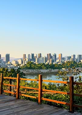 Cityscape View from Wooden Deck