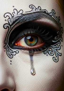 Eye with decorative makeup and tear