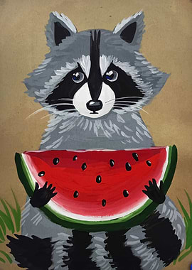 Raccoon with Watermelon Painting