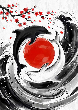Dolphin Yin Yang Wave Japanese Art
