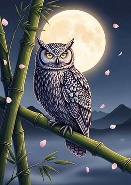 Owl on Bamboo Branch at Night