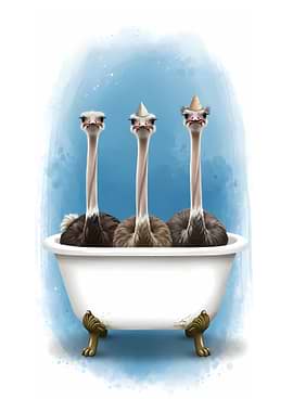 Ostriches in a bathtub with party hats