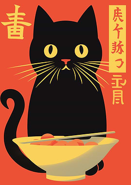 Black Japanese Cat with Noodles Illustration
