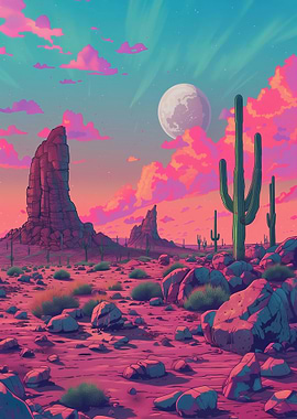 Vibrant Desert Landscape with Moon
