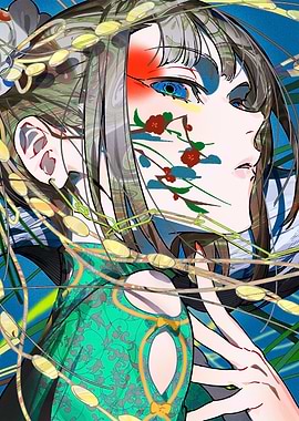 Anime Girl with Floral Face Art