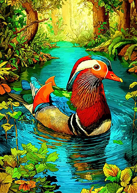 Colorful Mandarin Duck in Forest Stream