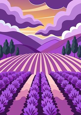 Provence Lavender Field Landscape under Dramatic Purple Sky Metal Wall Print Art