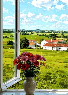 Flowers in vase by open window