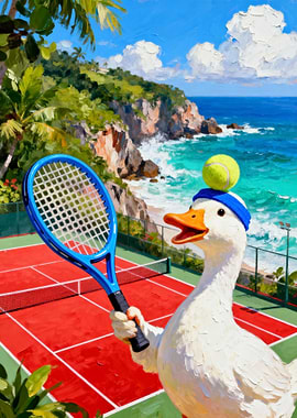 Duck Tennis Player on Tropical Court