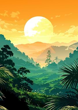 Tropical Forest Landscape at Sunset