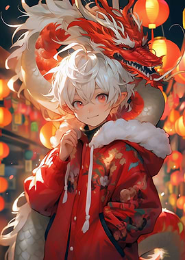 Anime Boy with Dragon and Lanterns