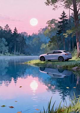 Car by the lake at sunset