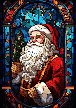 Stained Glass Santa Claus with Tree